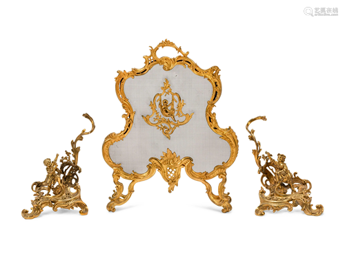 A Pair of Louis XV Style Gilt Bronze Chenets and a