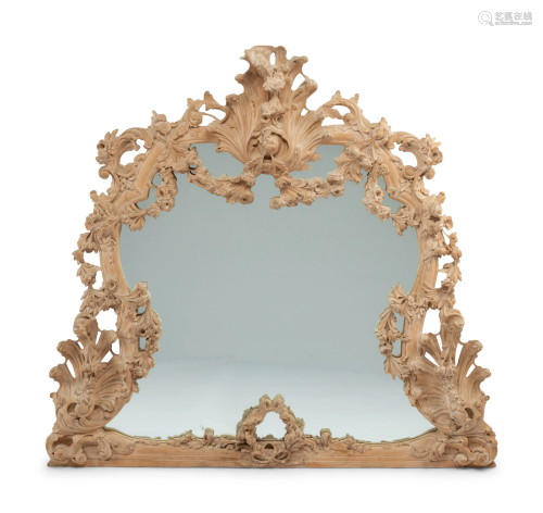A German Rococo Style Limed Wood Overmantel Mirror