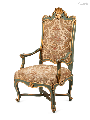 An Italian Painted and Parcel Gilt Armchair