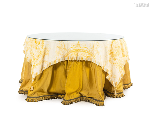 A Glass-Topped Silk Skirted Dining Table with a Fortuny