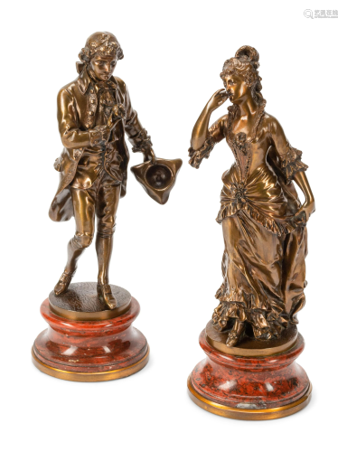 A Pair of French Gilt Bronze Figures on Rouge Marble