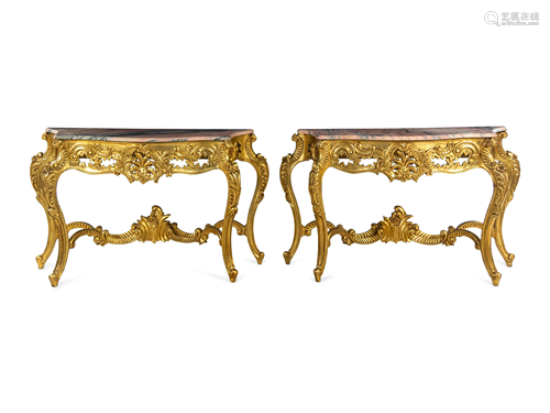 A Pair of Louis XV Style Giltwood Marble-Top Console