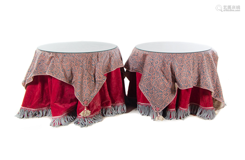 A Pair of Glass-Topped Skirted Side Tables with Fortuny