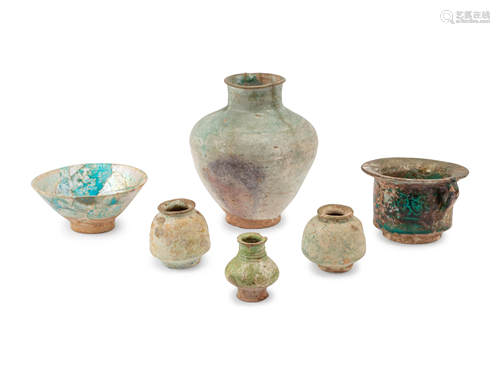 Six Middle Eastern Iridescent Glazed Pottery Articles