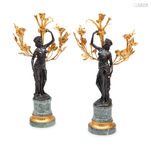 A Pair of French Gilt and Patinated Bronze and Marble