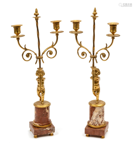 A Pair of Empire Style Gilt Bronze Two-Light Candelabra