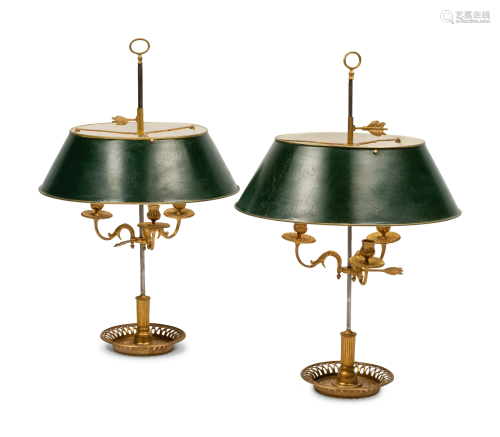 A Pair of Empire Style Gilt Metal Bouillotte Lamps with