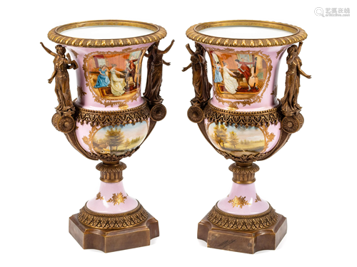 A Pair of Sevres Style Gilt Bronze Mounted Porcelain