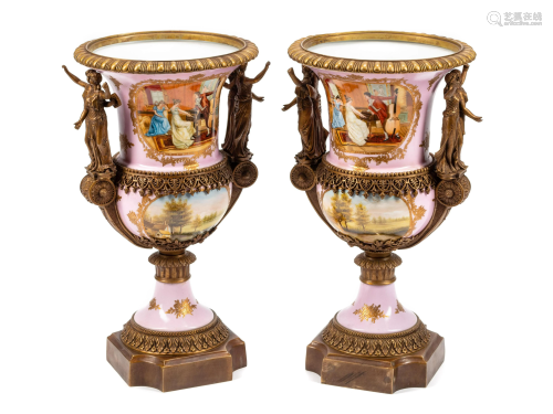 A Pair of Sevres Style Gilt Bronze Mounted Porcelain