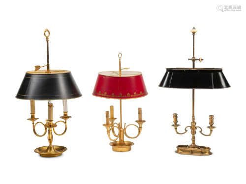 Three Gilt Metal Bouillotte Lamps with Tole Shades