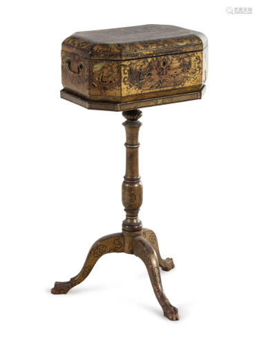 A Chinese Export Lacquered Sewing Box on Stand