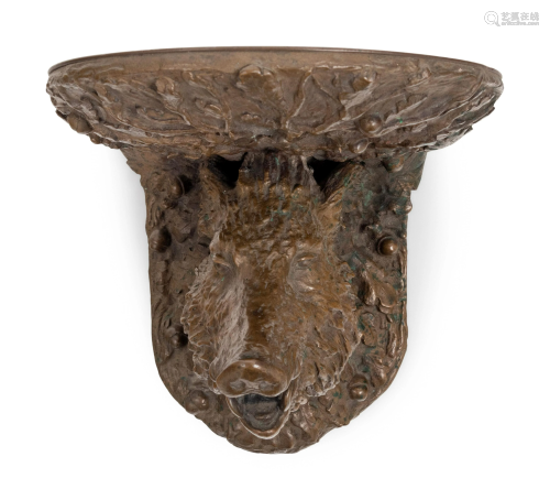 A Continental Cast Bronze Boar's Head Wall Bracket