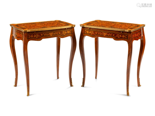 A Pair of Louis XV Style Gilt Bronze Mounted Marquetry