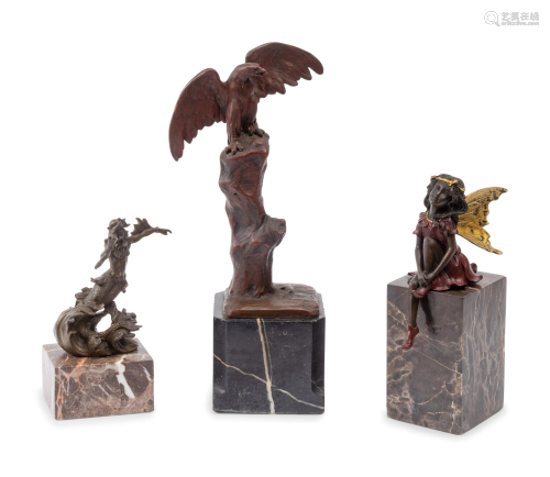 Three Continental Bronze Sculptures on Marble Bases