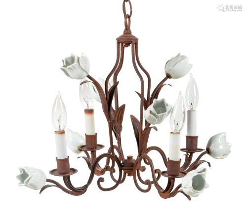 A French Opaline Glass and Tole Four-Light Chandelier