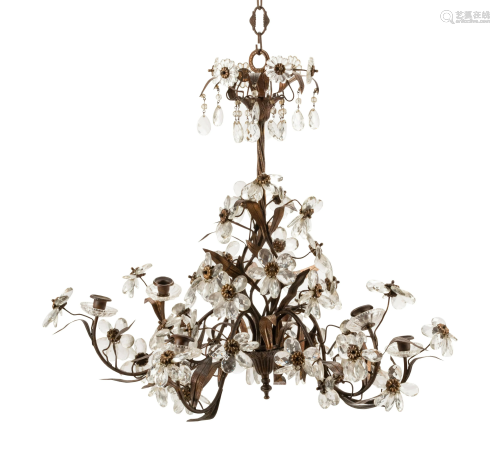 A French Iron, Tole and Glass Six-Light Chandelier