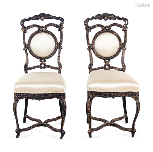 A Pair of Louis XV Style Ebonized and Gilded Side