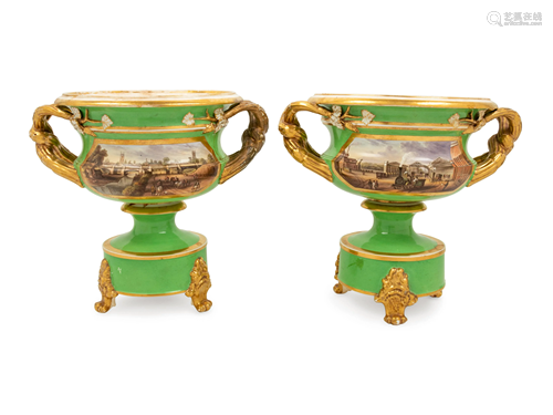 A Pair of Derby Porcelain Handled Urns