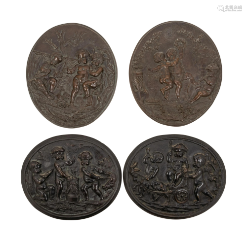 Two Pairs of French Relief Cast Bronze Plaques After