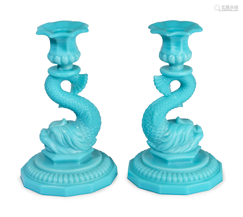 A Pair of Glass Dolphin Candlesticks