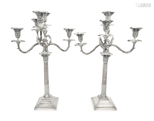A Pair of English Silver-Plate Five-Light Candleabra