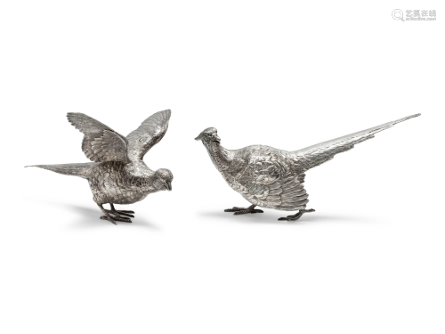 A Pair of English Silver Pheasant Table Ornaments
