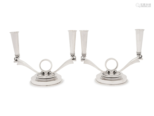 A Pair of Georg Jensen Silver Two-Light Candelabra