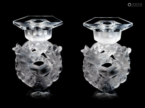 A Pair of Lalique Mesanges Candlesticks