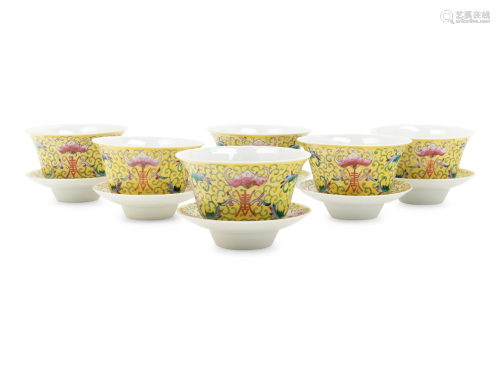 A Set of Six Chinese Porcelain Tea Bowls and Saucers
