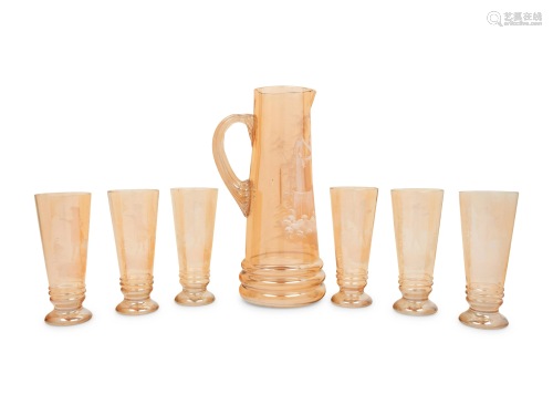 A Bohemian Enameled Glass Pitcher and Six Glasses