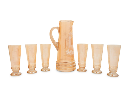 A Bohemian Enameled Glass Pitcher and Six Glasses