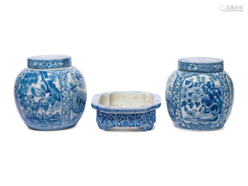 A Pair of Blue and White Porcelain Ginger Jars and a