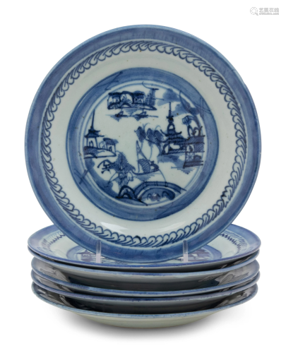 A Set of Six Canton Export Blue and White Porcelain