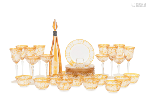 A Bohemian Amber Etched Glass Table Service