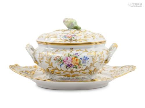 A French Parcel Gilt and Hand Painted Porcelain Tureen