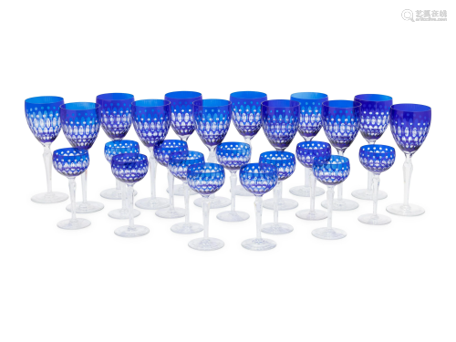 A Group of Cobalt Blue Cut-to-Clear Glass Stemware
