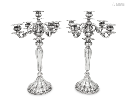 A Pair of Continental Silver Five-Light Candelabra