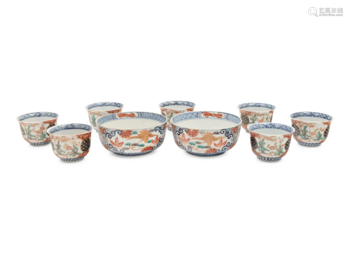 A Set of Nine Imari Palette Porcelain Teacups