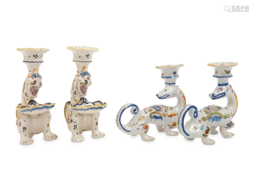 Two Pairs of French Faience 'Dragon' Candlesticks