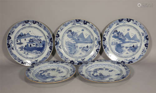 Five Blue and White Plates Yongzheng Style