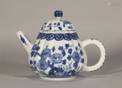 Blue and White Floral Teapot Kangxi Style