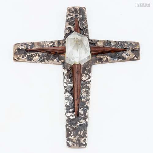 Mid Century Kreuz 925er Silber. Bergkristall. Holz. Punzen: ...