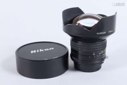 A Nikon Nikkor 15mm f/3.5 AI Ultra Wide Angle Lens, serial n...