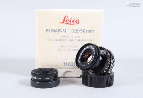 A Leica Elmar M 50mm f/2.8 E39 Lens, black, made in Germany,...