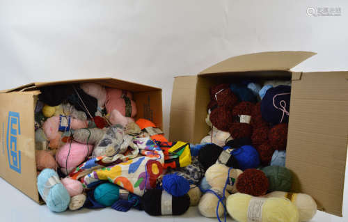Two large boxes of wool, and textiles