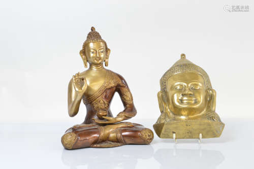 A brass model of a seated Thai Buddha, with lacquered and pa...