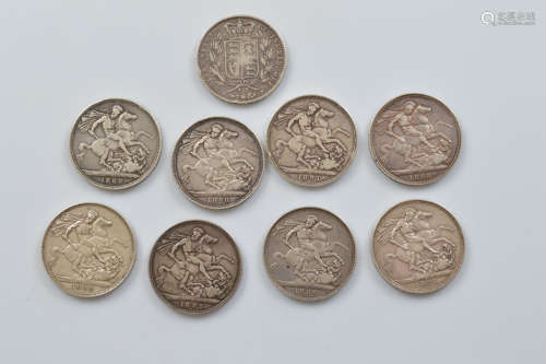 A collection of nine Victorian crowns, including and 1845 wr...