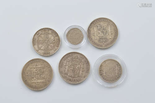Three 19th Century Spanish 5 pesetas coins, comprising 1875,...