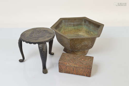 A Chinese brass hexagonal planter, on footed base with panel...