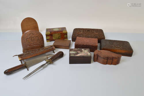 A small collection of carved Indian and Chinese boxes, inclu...